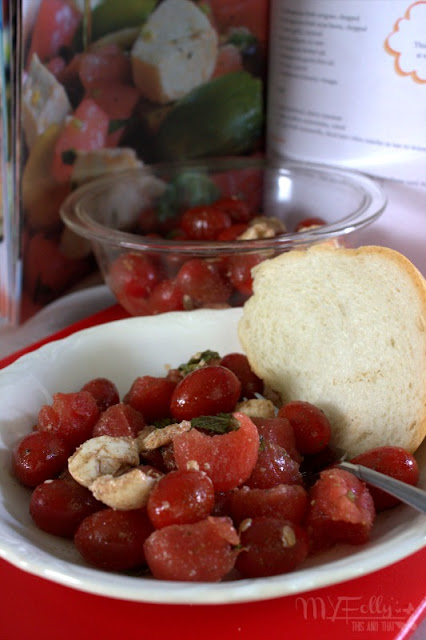 Heirloom Tomato Salad with Watermelon and Mozzarella ~ Cups, Sticks and Nibbles /This and That