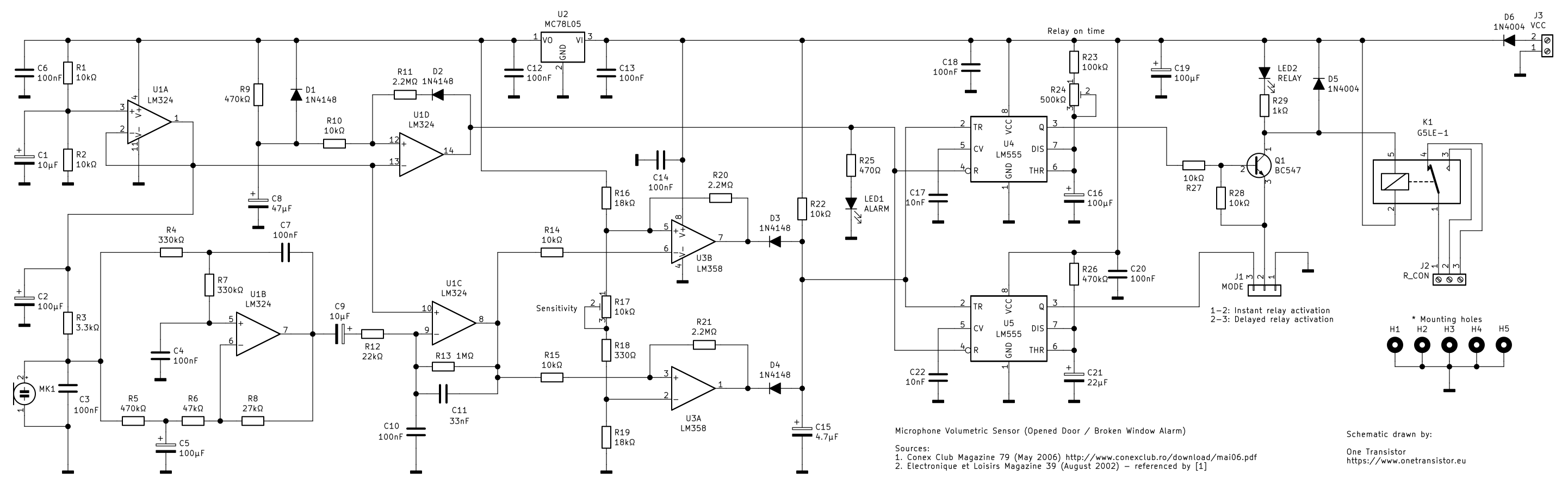 Volumetric sensor (broken window or opened door alarm) · One Transistor