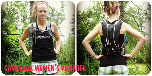 Two photos of a woman wearing the women's Camelbak Annadel, front view, and rear view