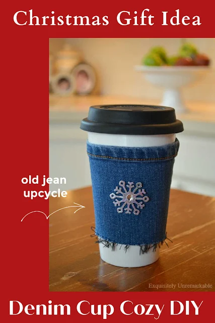 Christmas Gift Idea Denim Cup Cozy DIY Text Over Cup Cozy Photo