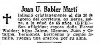 Esquela de Juan U. Bäbler Martí el 23 de agosto de 1957