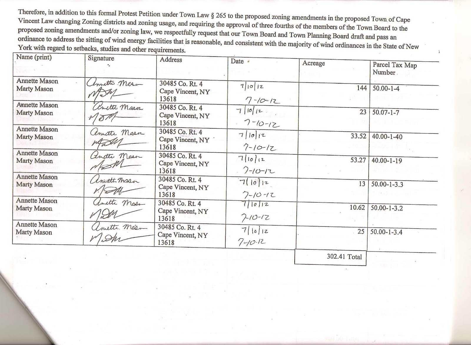 Cape Vincent Wind Farm A protest petition signed by Land owners that