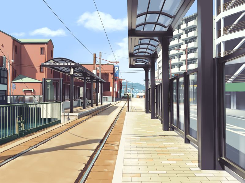 Anime Landscape: Town Train Station (Anime Background) (day & sunset)