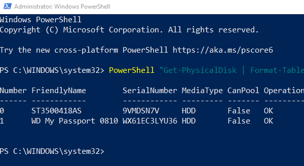 Comando Powershell Tipo de medio Almacenamiento