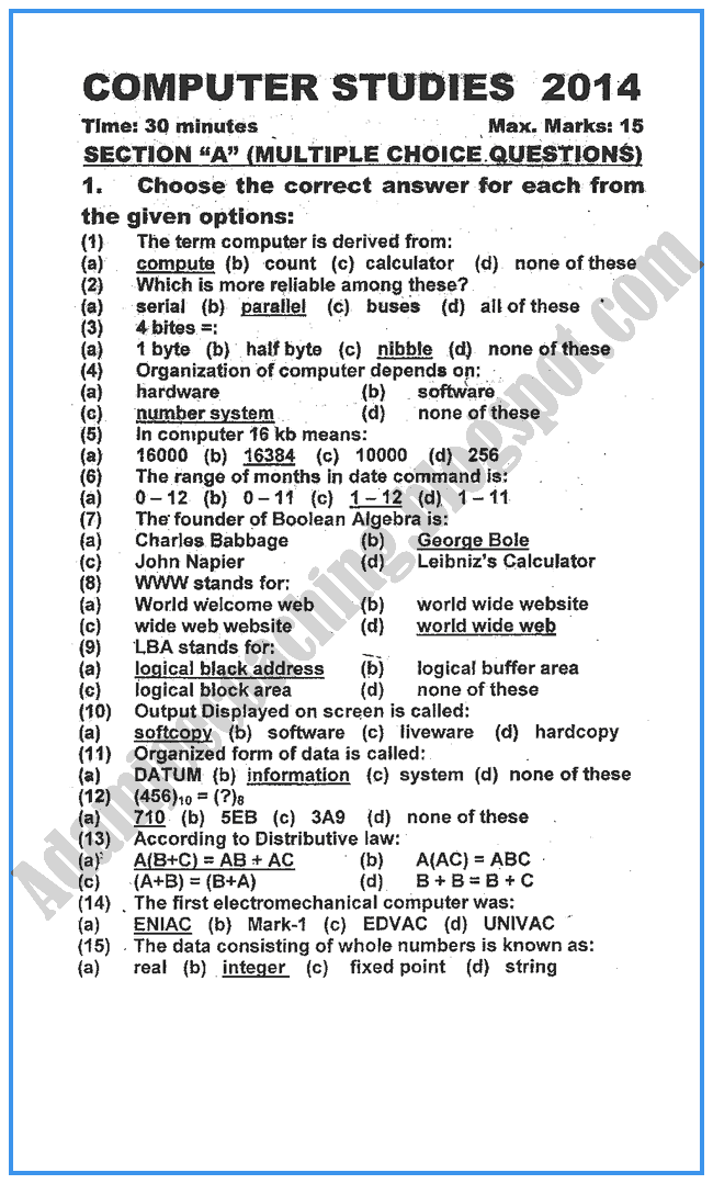 Adamjee Coaching IX Computer Studies Past Year Paper 2014