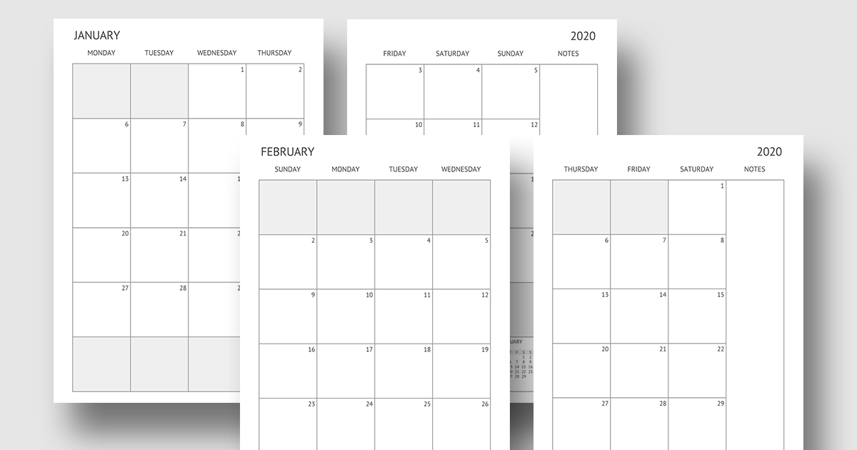 Printable 2020 Monthly Planner - Month on Two Pages