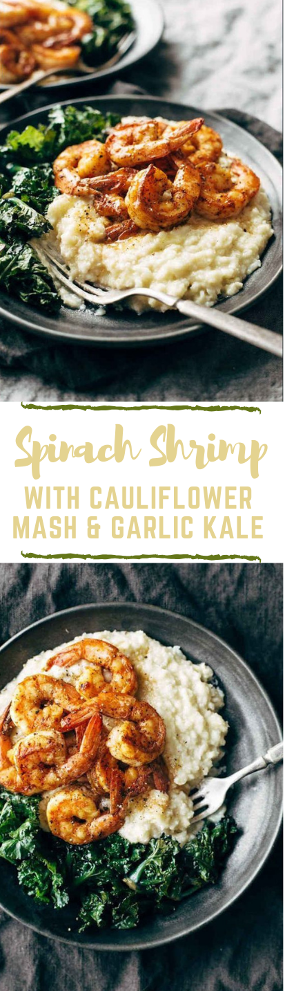 Spicy Shrimp with Cauliflower Mash and Garlic Kale  #healthydinner #recipes #cauliflower #lunch #easy
