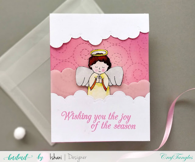 Beautiful Angel card, Quick Holiday card ideas, Christmas card,Video Tutorial, Vellum clouds, Craftangles,die cutting, simon says stamps debossing folder, Elizabeth crafts cloud dies,Quillish,