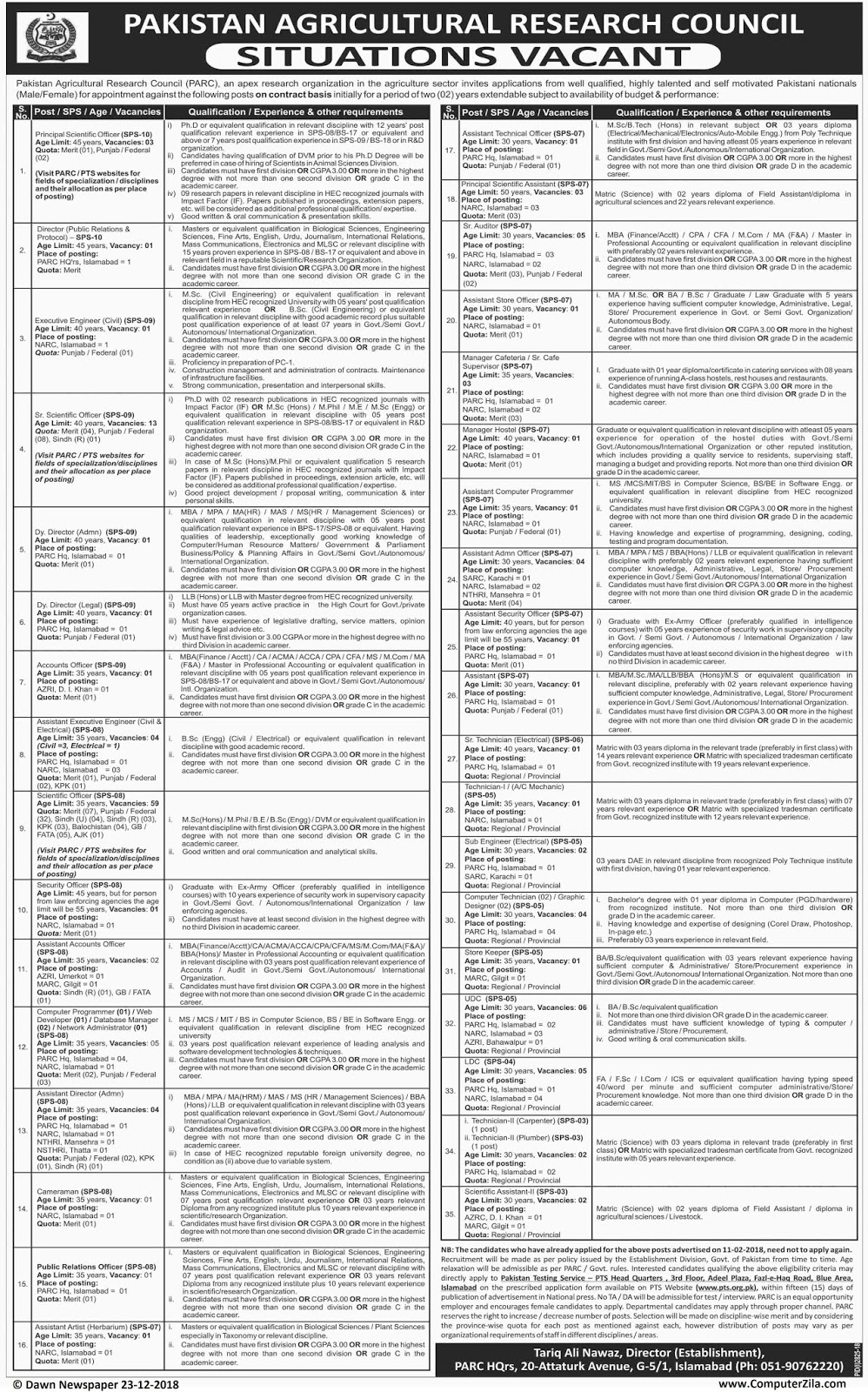 Situations Vacant at Pakistan Agricultural Research Council