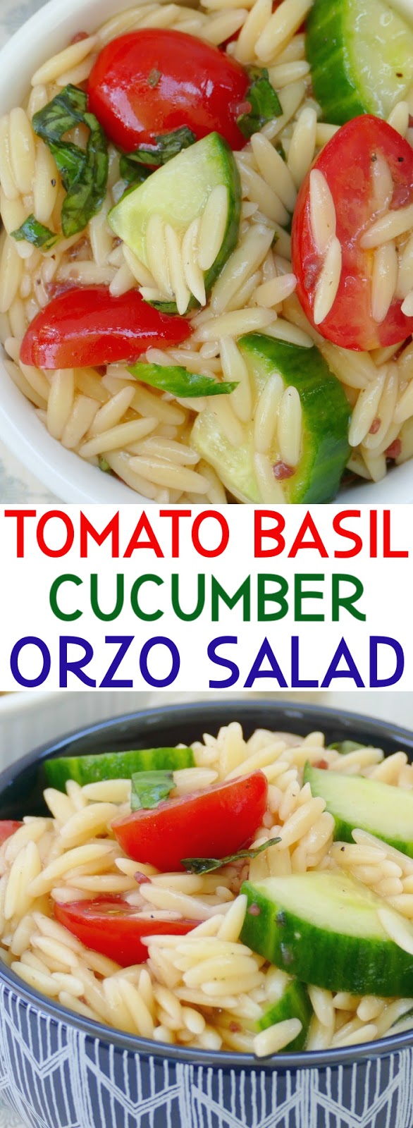 This simple spring or summer orzo pasta salad couldn't be any easier! The tomatoes, basil and cucumber combined together adds the perfect taste and texture to the orzo, and the vinaigrette dressing is the perfect finishing touch. Great side for lunch, dinner, any picnic, BBQ or potluck!