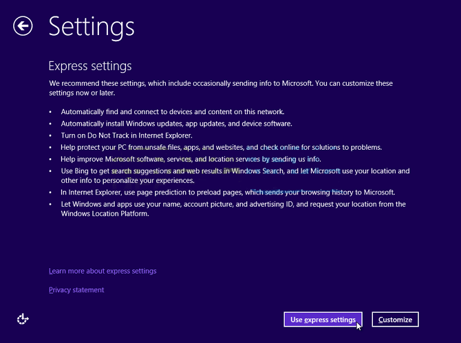 Pilih User Express Settings saat install windows 8