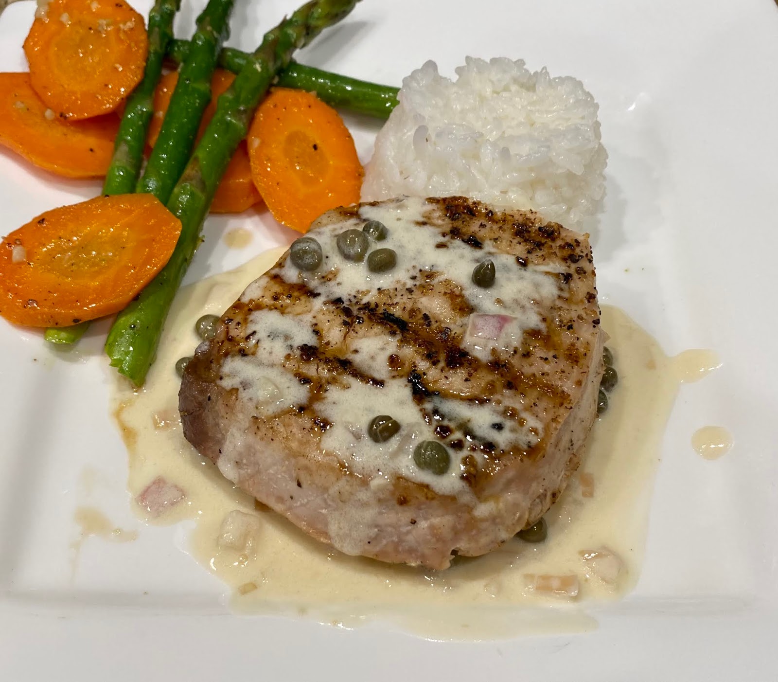 GREAT EATS HAWAII GRILLED OPAH WITH GARLIC, SHALLOT AND CAPER CREAM SAUCE
