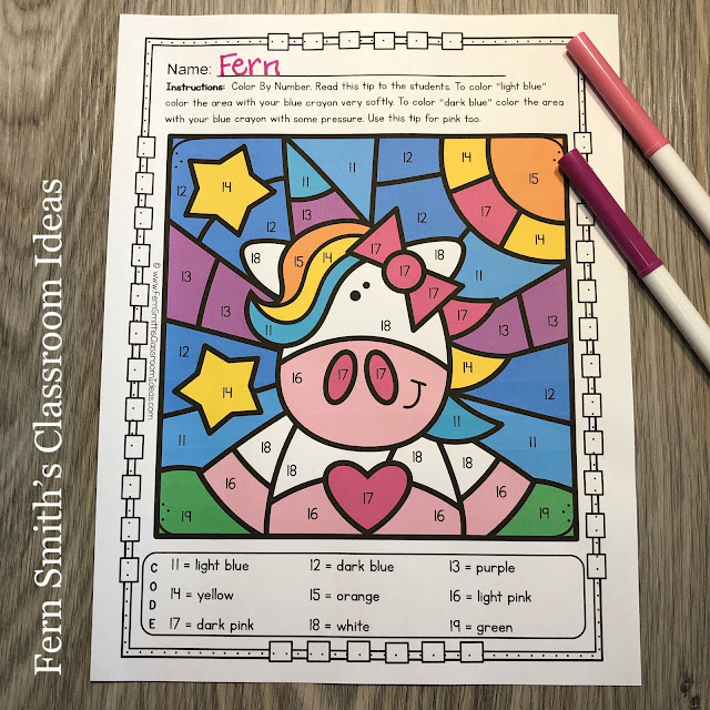 If you are looking for a PRINTABLE Distance Learning worksheet to include in your take home packets, during this difficult time, you and your Kinders will love this Unicorn Teen Numbers Color By Number. By Fern Smith's Classroom Ideas.