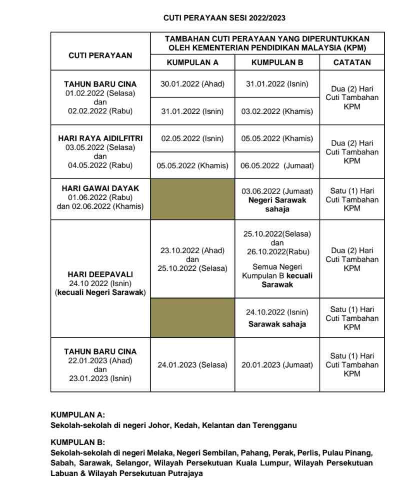 Takwim cuti sekolah 2022