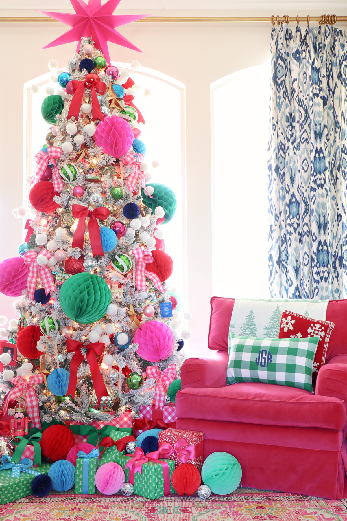 Colorful Christmas Tree Decorations with Tissue Paper Honeycomb Balls and Bows