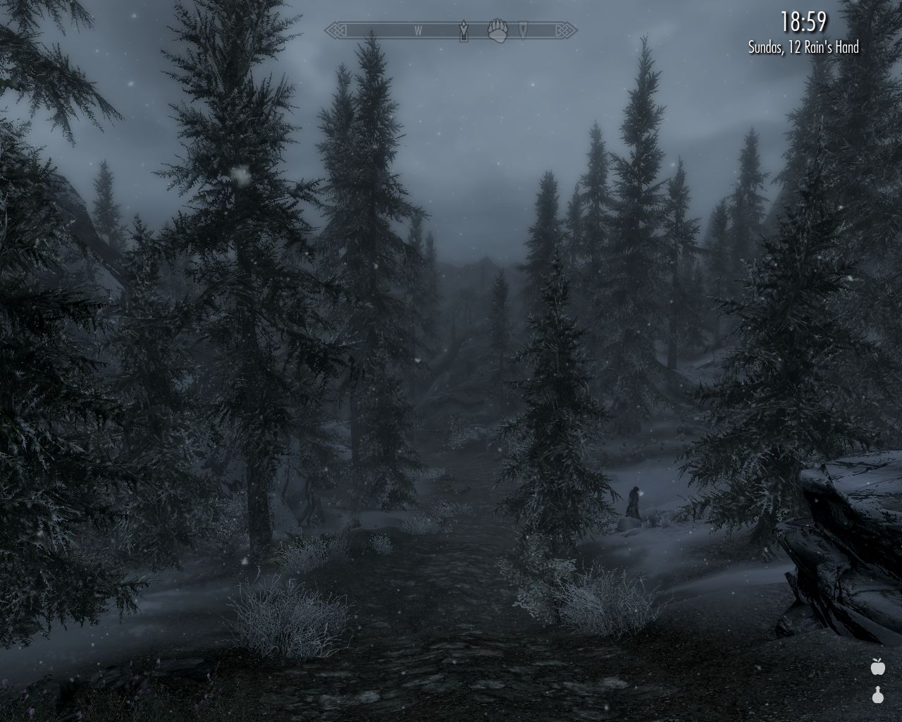 evening, road leads downhill through a spruce forest, snowfall, cloudy sky