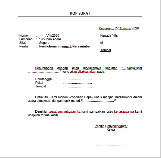 Contoh Surat Permohonan Narasumber Kegiatan