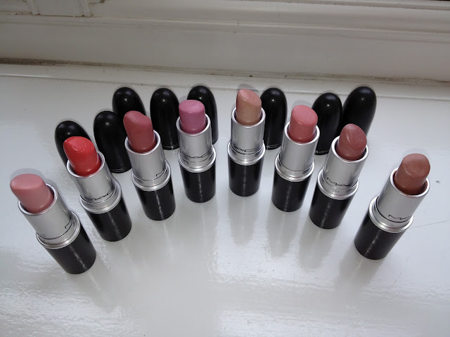 A picture of all my mac lipsticks, 8 of them