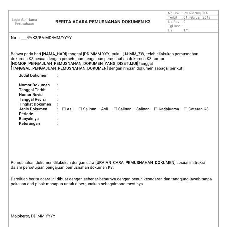 Format Berita Acara Pemusnahan Dokumen K3 Manajemen K3 Umum