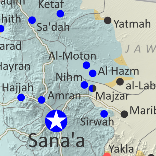 Map of what's happening in Yemen as of March 2020, including territorial control for the unrecognized Houthi government, president-in-exile Hadi and his allies in the Saudi-led coalition, the UAE-backed southern separatist Southern Transitional Council (STC), and Al Qaeda in the Arabian Peninsula (AQAP). Includes recent locations of fighting and other events, such as Al-Hazm, Yatmah, Shahan, Durayhimi, al-Labanat base, and more.