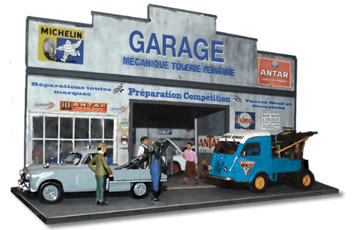 Diorama de un hermoso garaje de estilo Art Deco que incluye dos autos y cuatro minifiguras