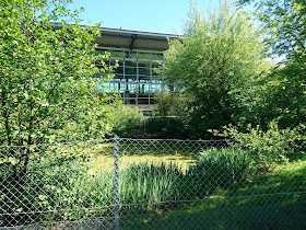 Frontansicht Glasfassade Sportbad. Rechts und links Büsche, vor dem Bad ein Teich mit Entengrütze und ein Zaun.