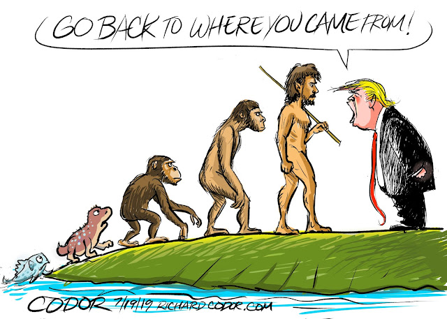 Cliche drawing of March of Evolution, showing fish climbing out of the sea, reptile, mammal, cave man, and homo sapiens.  Donald Trump stand before it shouting, 