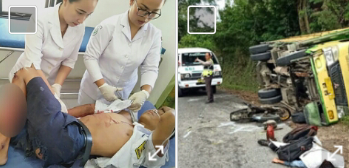Korban luka-luka saat mendapat perawatan medis dan lokasi kejadian kecelakaan. Korban luka-luka saat mendapat perawatan medis dan lokasi kejadian kecelakaan.