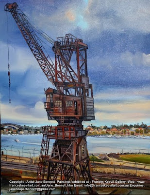 Plein air industrial painting of cranes at Cockatoo Island by industrial artist Jane Bennett