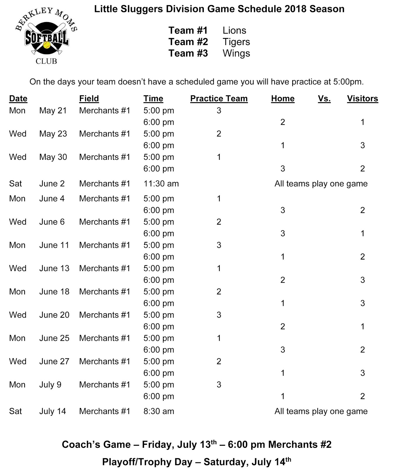 Berkley Moms Club Softball Game Schedules