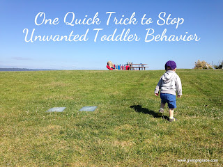 Text: One Quick Trick to Stop Unwanted Toddler Behavior  {Text in white on top of picture of toddler in hoodie and blue ball cap walking toward park in the distance