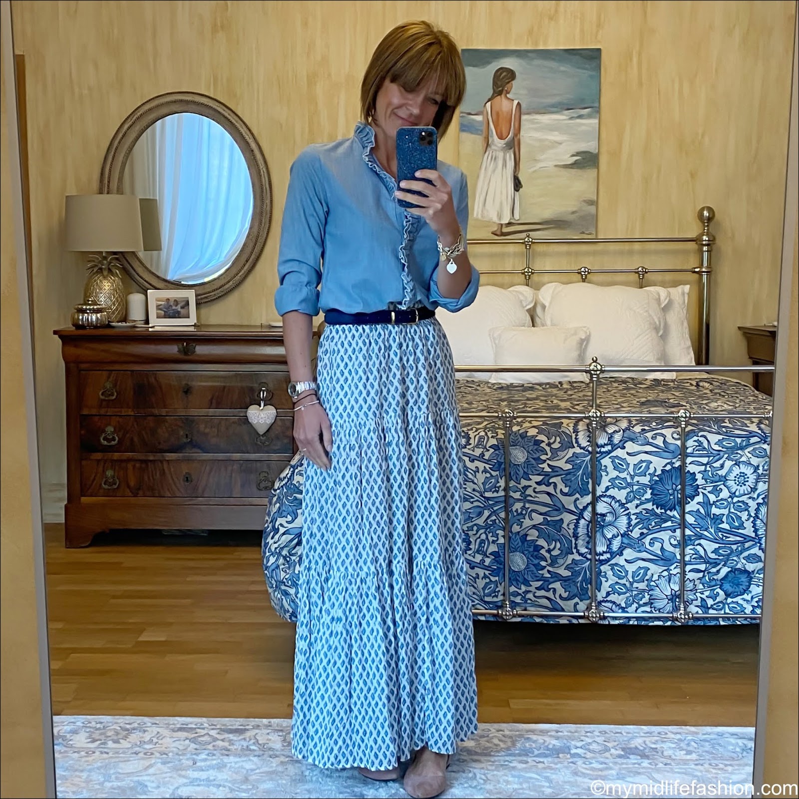 my midlife fashion, Isabel Marant Etoile frill detail chambray blouse, j crew pony skin belt, zara tiered maxi skirt, h and m pointed flat ballet pumps