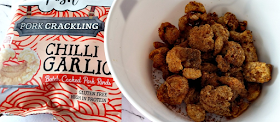 A packet of Chilli and Roasted Garlic Pork Crackling