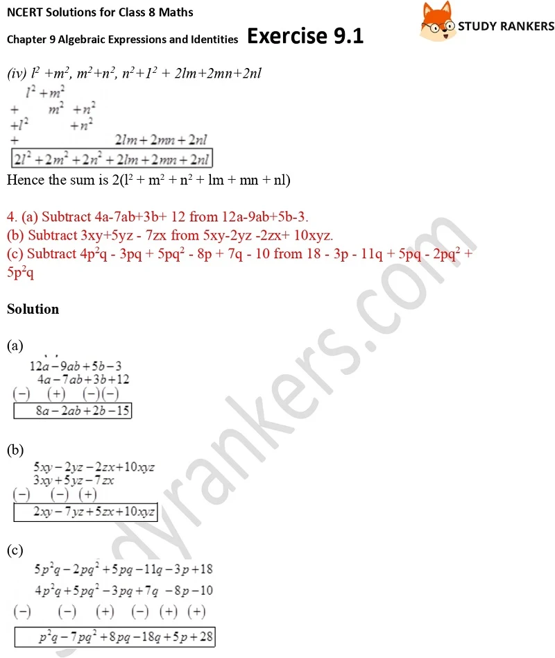 NCERT Solutions for Class 8 Maths Ch 9 Algebraic Expressions and Identities Exercise 9.1 1