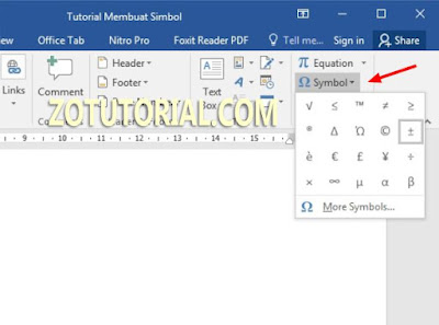 Menambahkan Simbol di MS Word - zotutorial.com