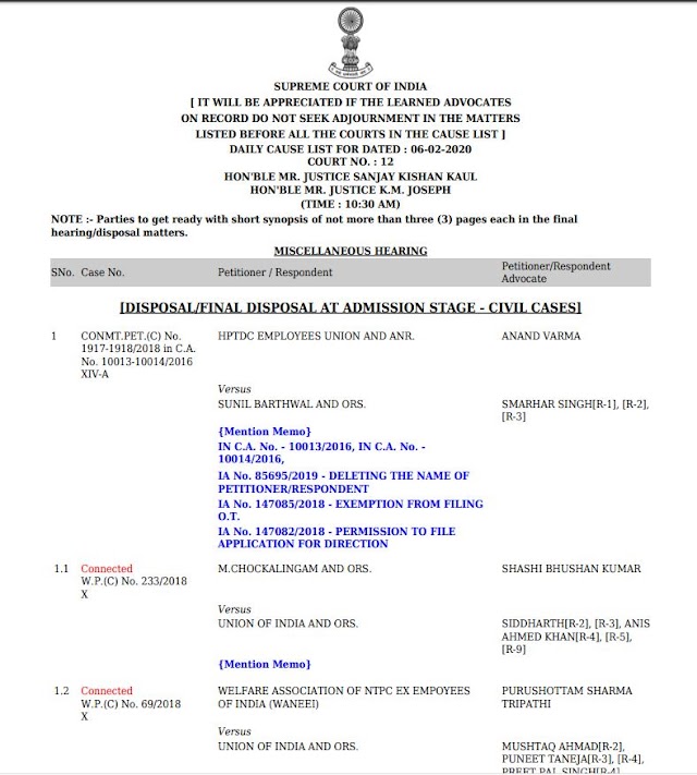 Good News For EPS 95 Pensioners: Forty Four (44) EPS'95 cases have been listed for Disposal/Final Disposal on 6.2.2020 in Court No. 12 - Supreme Court of India