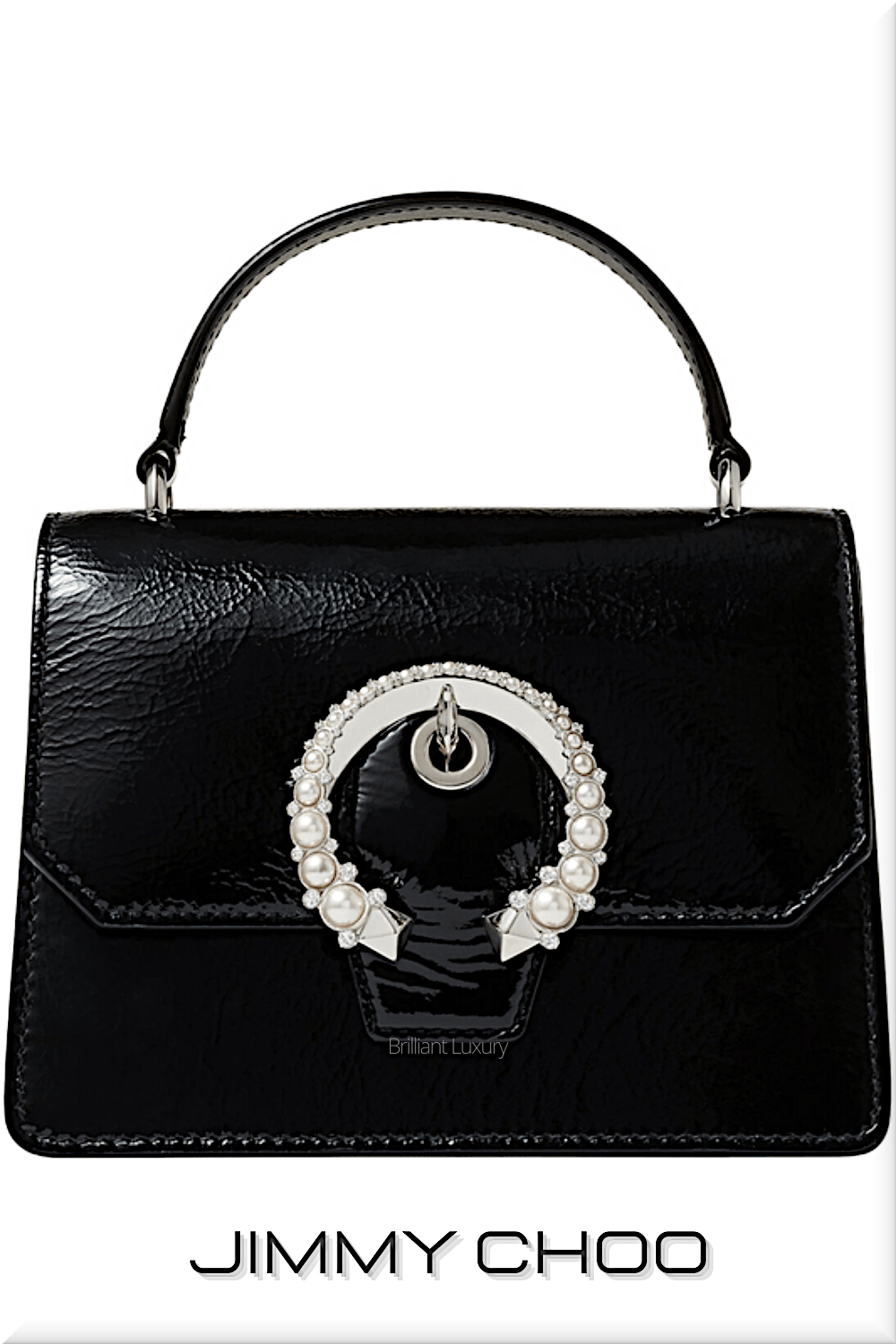 ♦Jimmy Choo Madeline satchel in black patent textured leather with pearl buckle #jimmychoo #bags #brilliantluxury ♦Jimmy Choo Madeline satchel in black patent textured leather with pearl buckle #jimmychoo #bags #brilliantluxury