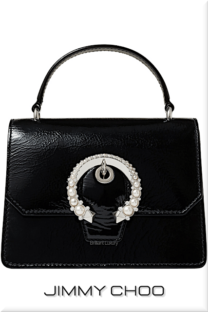 ♦Jimmy Choo Madeline satchel in black patent textured leather with pearl buckle #jimmychoo #bags #brilliantluxury