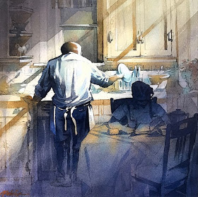 03-Washing Up-Memories-of-grandparents-Thomas-Schaller-Watercolor-Paintings-Indoors-and-Outdoors-www-designstack-co