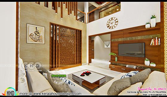 TV room with multi room decor and upper balcony