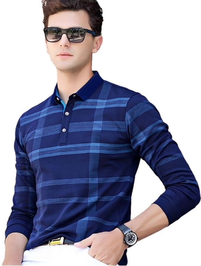 Checkered Men Collared Neck Blue T-shirt ₹ 445