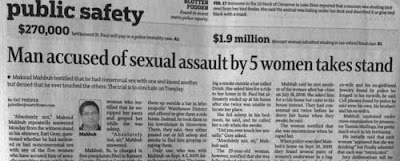Star Tribune headline about trial: Man accused of sexual assault by 5 women takes stand