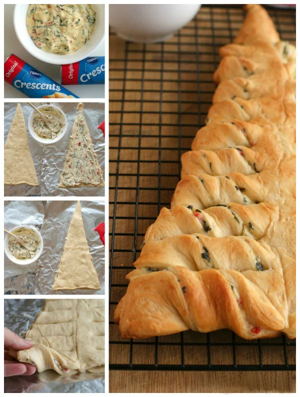 This festive, party-perfect, pull-apart Spinach Dip Stuffed Crescent Roll Christmas Tree is a fun way to serve up your favorite cheesy spinach dip around the holidays! #Christmas #appetizer