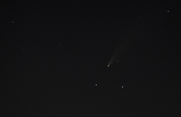 Another photo I took of comet NEOWISE from the city of Diamond Bar in California...on the night of July 18, 2020. A faint satellite trail is visible near the upper-left part of this image. Another photo I took of comet NEOWISE from the city of Diamond Bar in California...on the night of July 18, 2020. A faint satellite trail is visible near the upper-left part of this image.