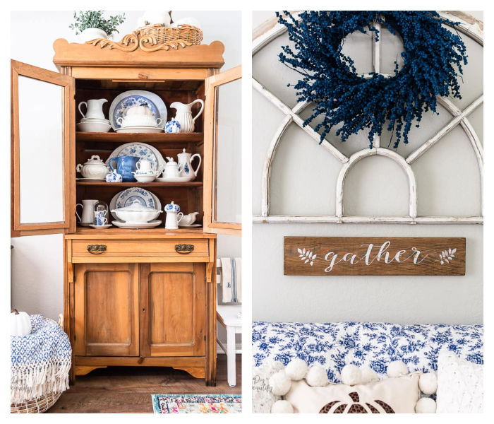 antique pine hutch filled with ironstone and blue and white transferware, blue spray painted berry wreath hanging on antique arch window
