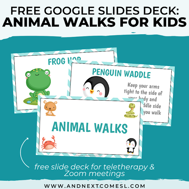 Free Google Slides deck of fun animal walks for kids - an awesome free teletherapy material to use in Zoom meetings!