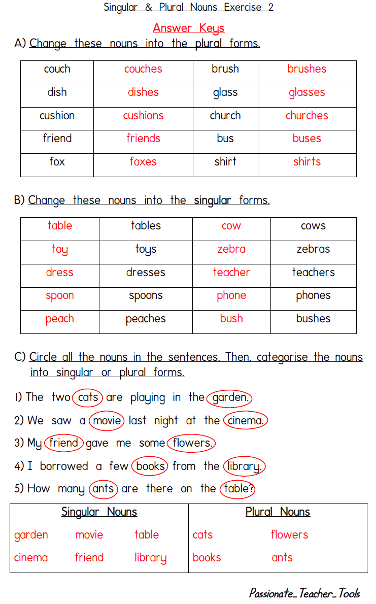 Passionate Teacher Tools Singular And Plural Nouns Exercise 2 With Answers 