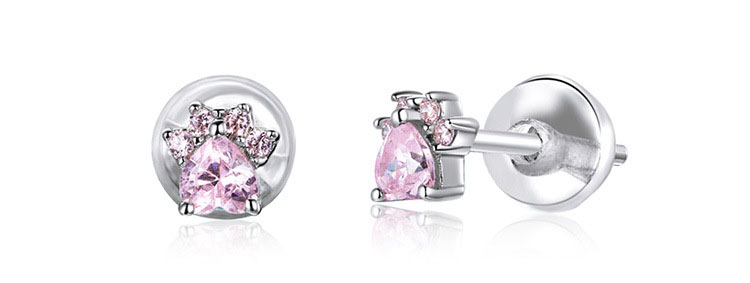單鑽式貓掌粉色鋯石 925純銀耳環