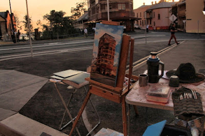 Plein air oil painting of the Hotel Palisade in Millers Point by landscape artist Jane Bennett