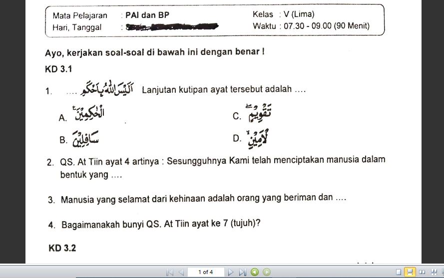 Soal Penilaian Mapel Pai Dan Bp Kelas 5 Semester 1 Sekolahdasar Net